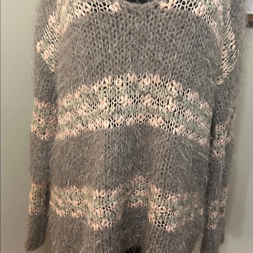 Free People | Linus Striped Eyelash Wool Blend Sweater Gray Pink-Size medium - Picture 2 of 6